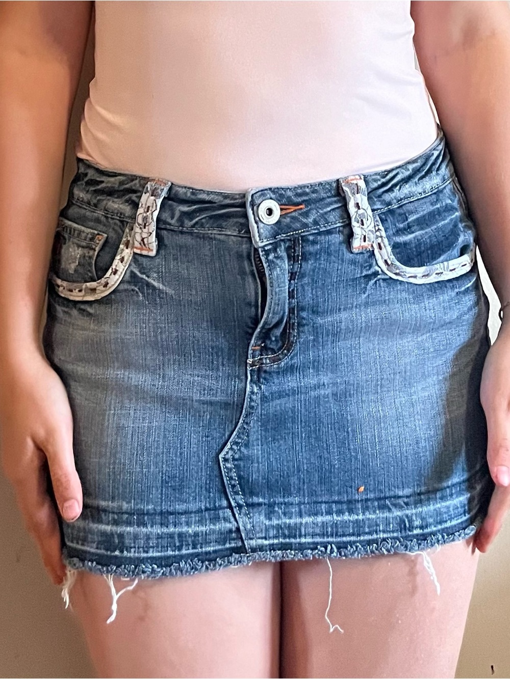 Miss Me Faded Blue Denim Mini Skirt with Frayed Hem
